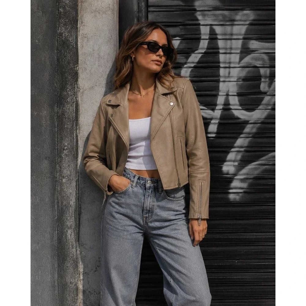 Abercrombie & Fitch Vegan Leather Moto Jacket Womens Tan S